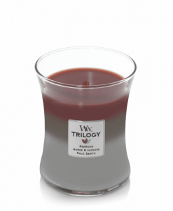 WoodWick Trilogy Forest Retreat Medium Candle Fragrances include: Redwood, Amber & Incense, Palo Santo