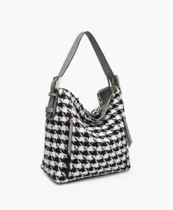 Jen & Co Alexa Houndstooth Hobo Grey/White