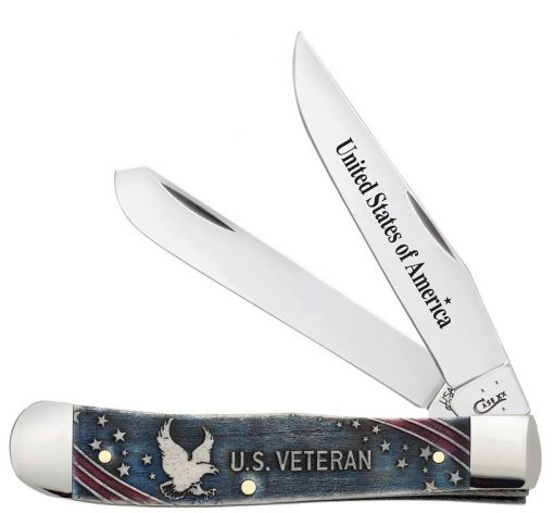 Case Knife U.S. Veterans Embellished Natural Bone Trapper Stainless Pocket Knife #16300