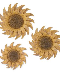 K & K Interiors Distressed Golden Yellow Metal Wall Sunflower - 3 Pieces #16313A