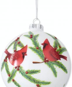 K&K Interiors Glittered White Round Glass Hanging Ornament With Cardinals #55395A